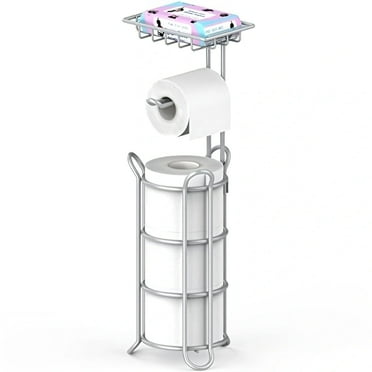 stusgoToilet Paper Holder Free Standing with Top Shelf for Phone & Storage (Silver)