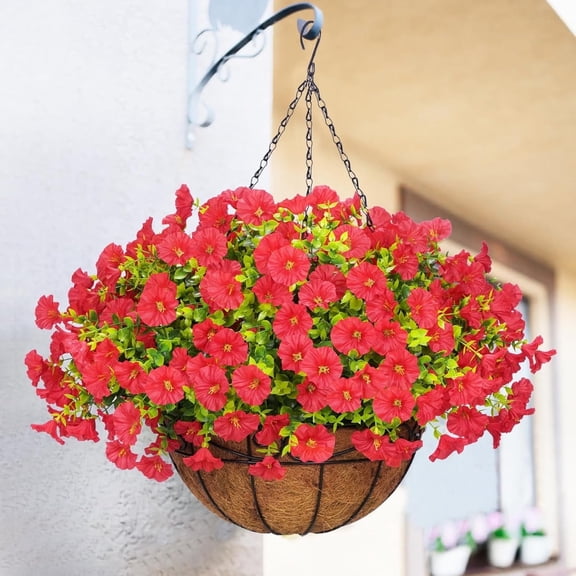 Lyacmy Red Artificial Hanging Flowers in Basket for Indoor Outdoor, 10Pcs Fake Boxwood Petunias with Eucalyptus Leaves with 20Inch Coconut Lining Chain Flowerpot