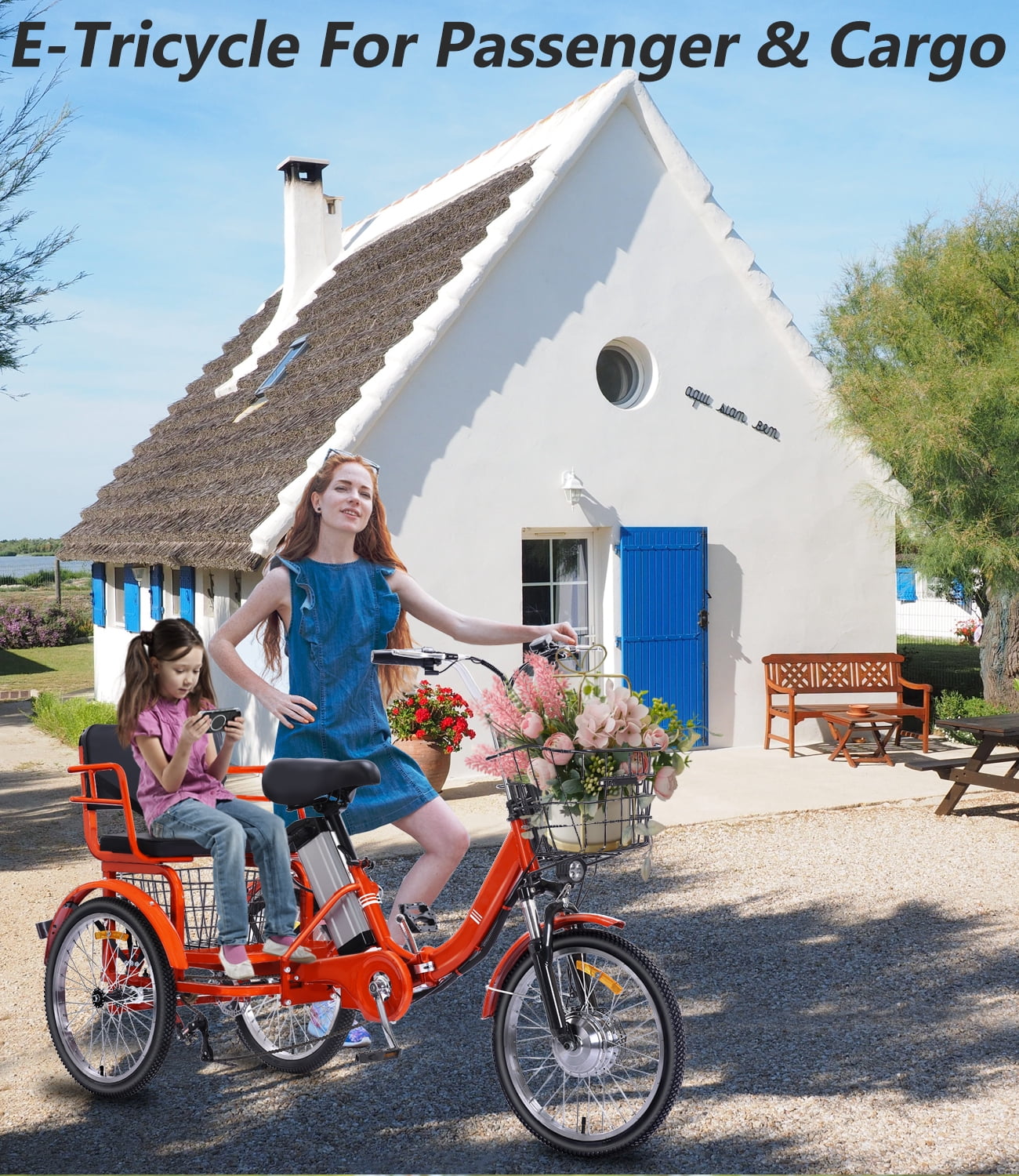 YEBEI Electric Tricycle for Adults Folding Electric Trike 3 Wheel Electric Trike with Two-Seater Large Basket Super Powerful Brushless 500W Motor 48V15AH Lithium Battery Max 20MPH E-Tricycle Orange