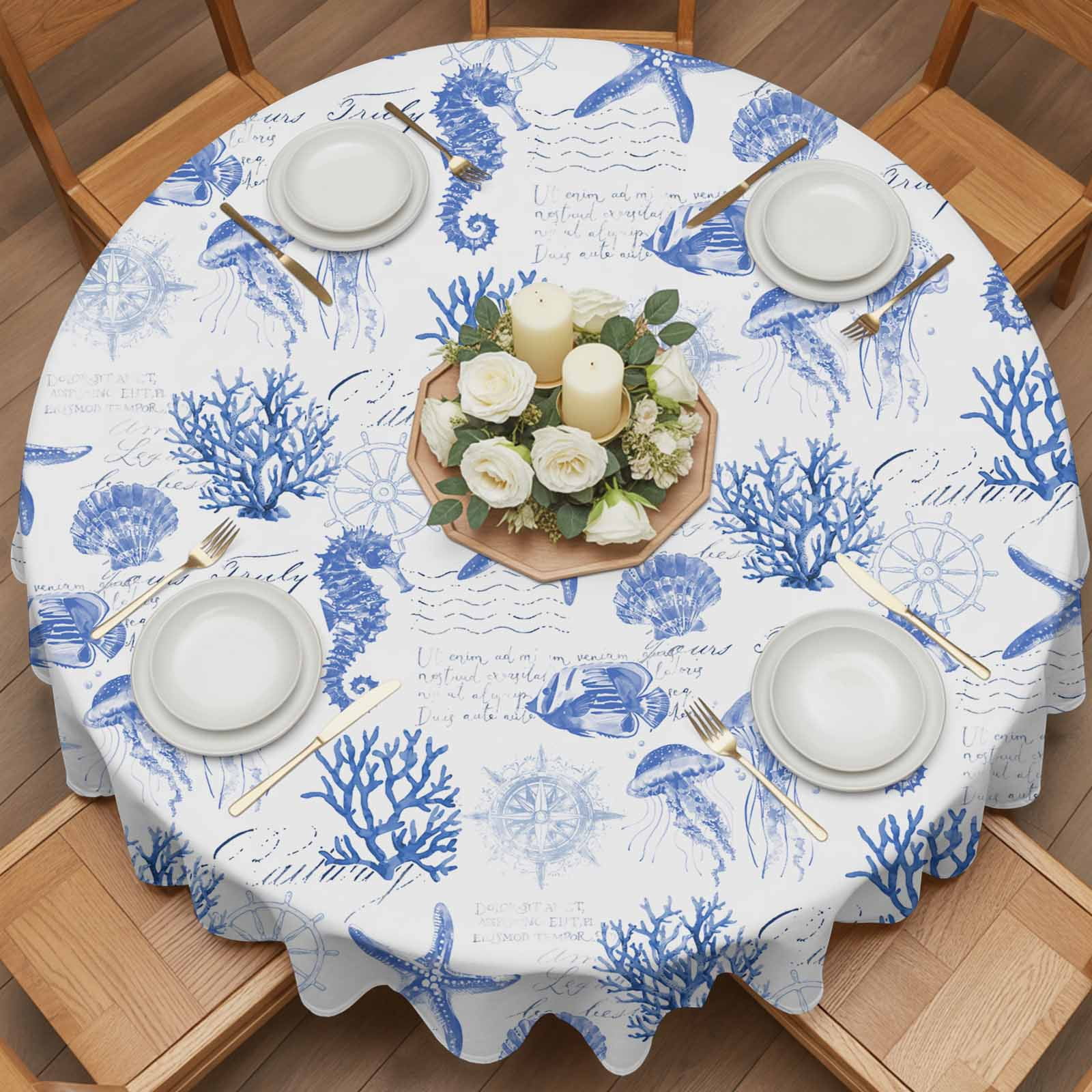 Round Tablecloth Watercolor Coastal Waterproof Oil Proof Polyester Table Cloth Cover Decor for Home Dining Outdoor,Patio,Parties, 60" Dia. Seahorse Starfish Pattern Blue