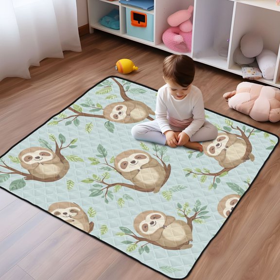 WOBOGO Cute Sloth Sitting on Tree Pattern Baby Playmats Extra Large Waterproof Rollable Activity Pads for Toddlers 50×50inch