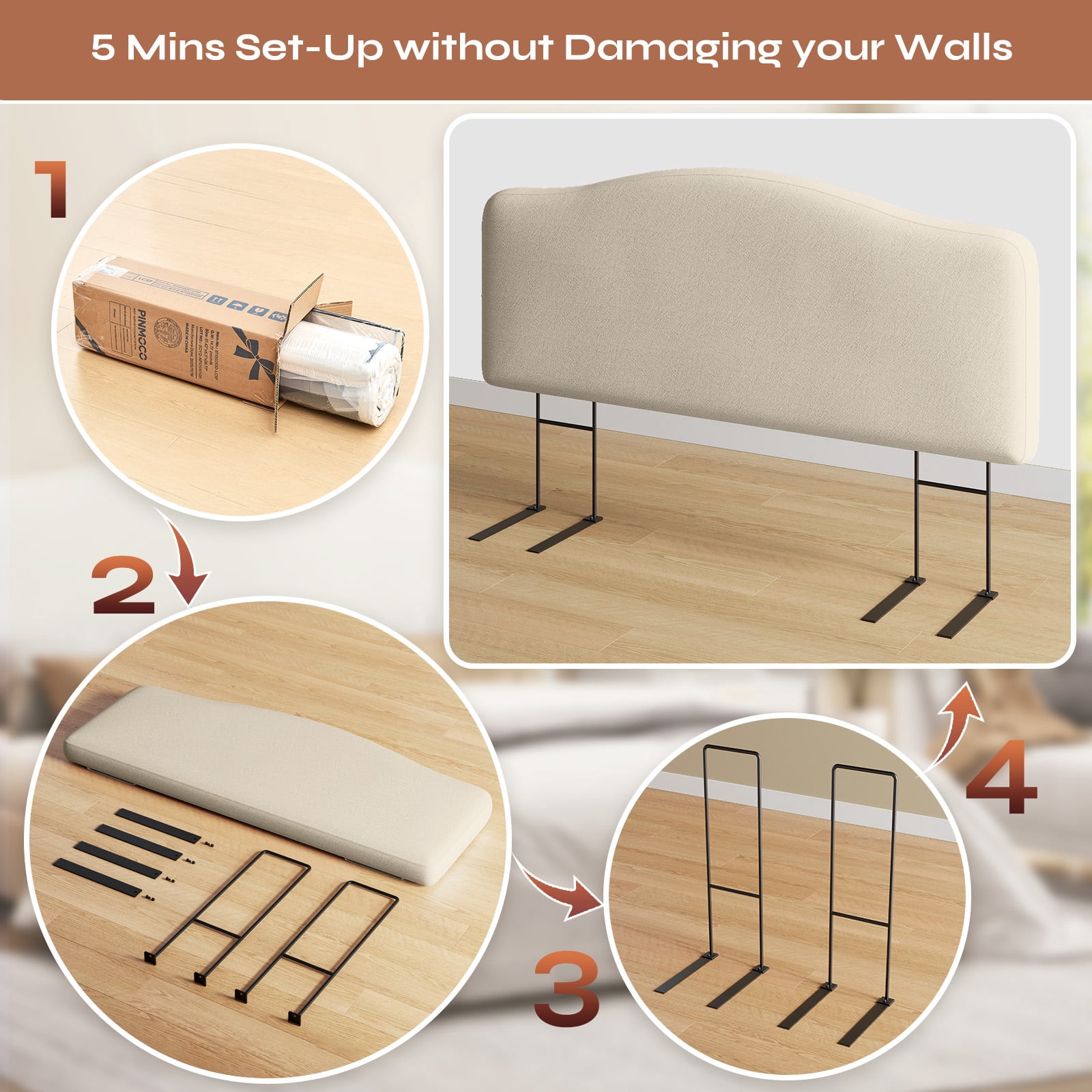 Pinmoco Upholstered Headboard for Twin Bed, Height Adjustable and Memory Foam Arc-shaped Head Board, Beige