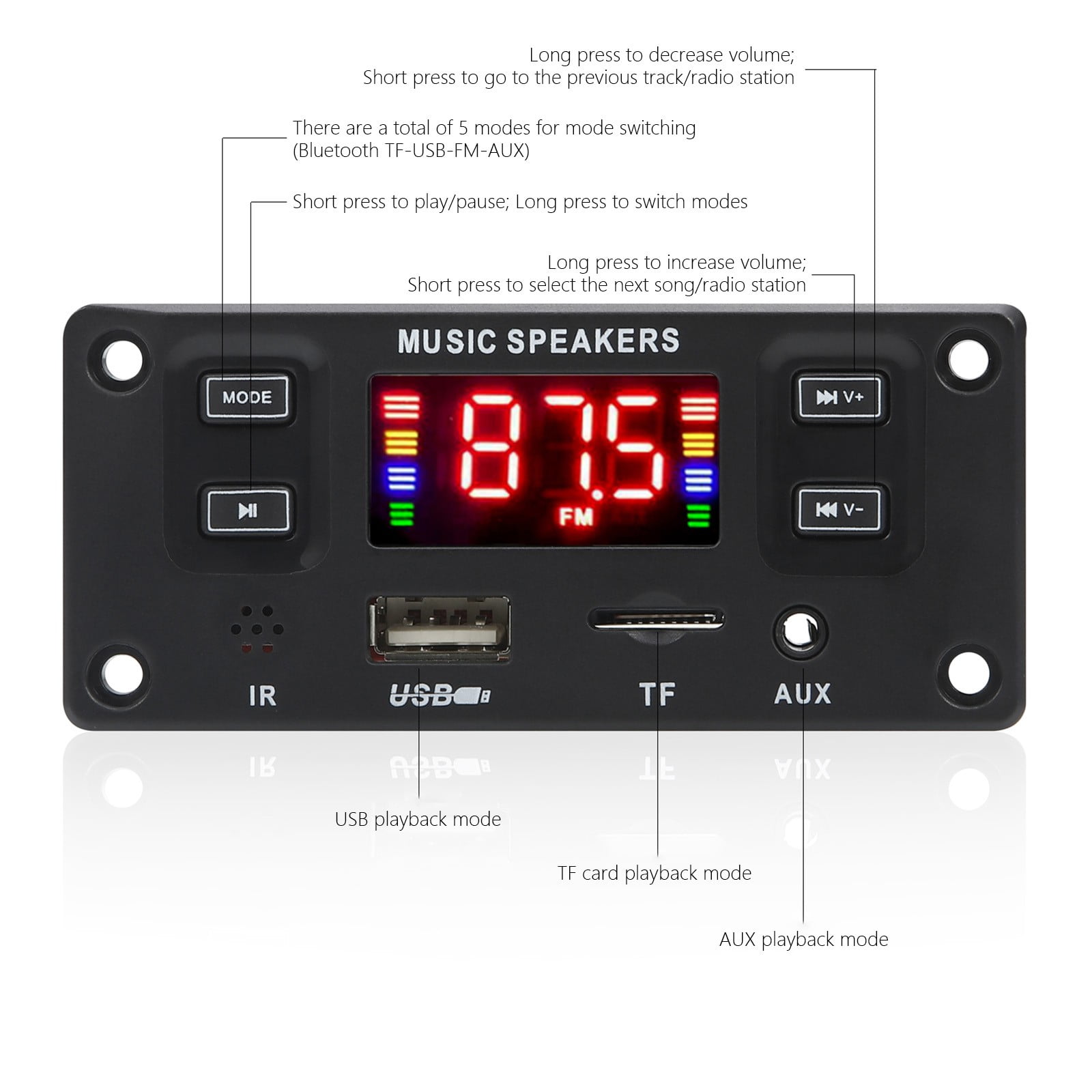 WNFJR 60W Bluetooth Car MP3 Player with Hands-Free Calling, FM Radio, USB/Memory Card Reader, AUX Input, EQ & Remote Control - Black, Compatible for 12V Vehicles (Not 24V)