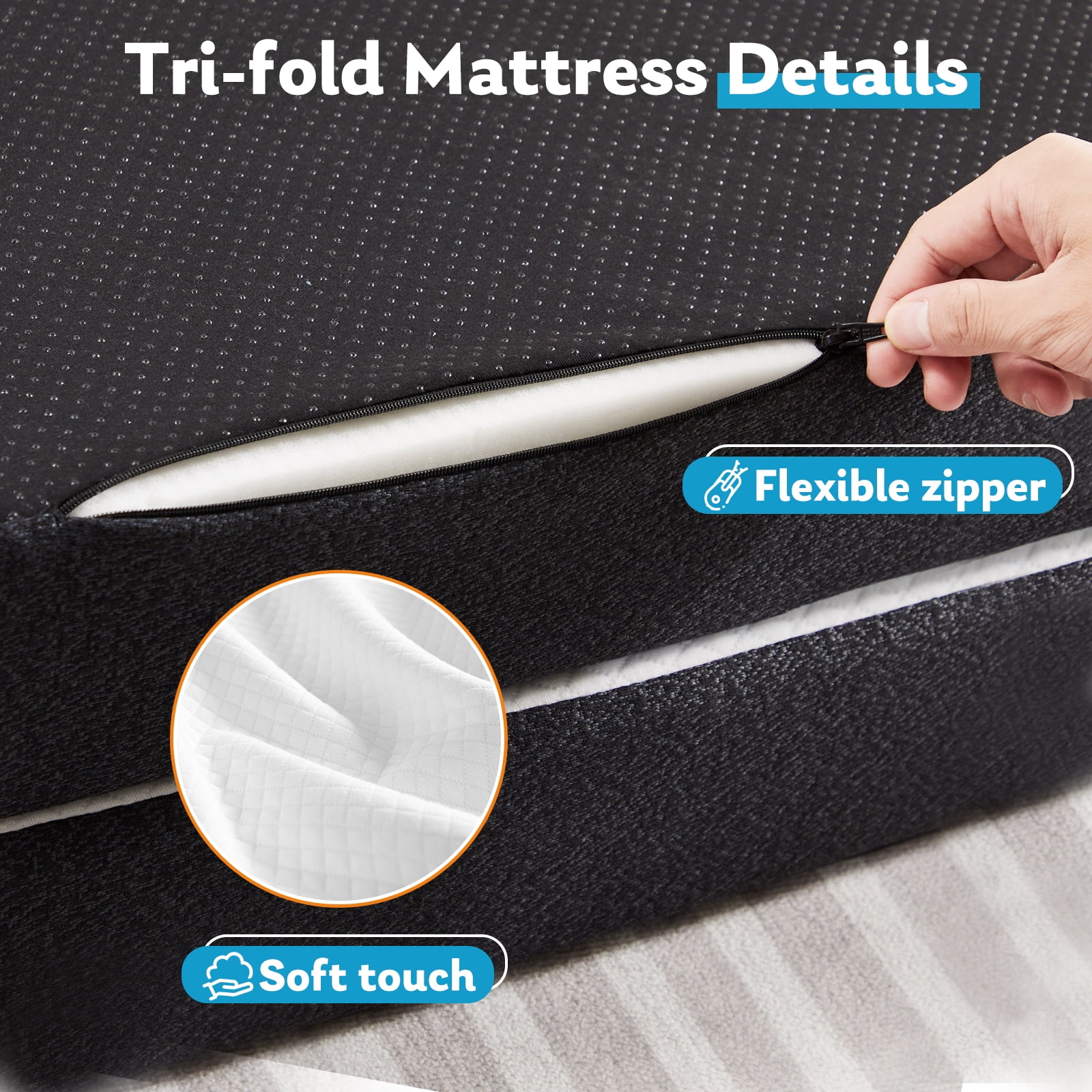Folding Mattress, 4 inch Tri-fold Memory Foam Mattress Topper for Camping, Foldable Mattress Topper with Washable Cover, Twin Size