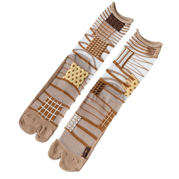 Mujer Verano Punta Dividida Fibra de Vidrio Kimono Tabi Crew Calcetines Patrón Geométrico Asimétrico Malla Delgada 2 Dedos Flip Flop Sandalia Medias de Pantorrilla de Tubo Medio