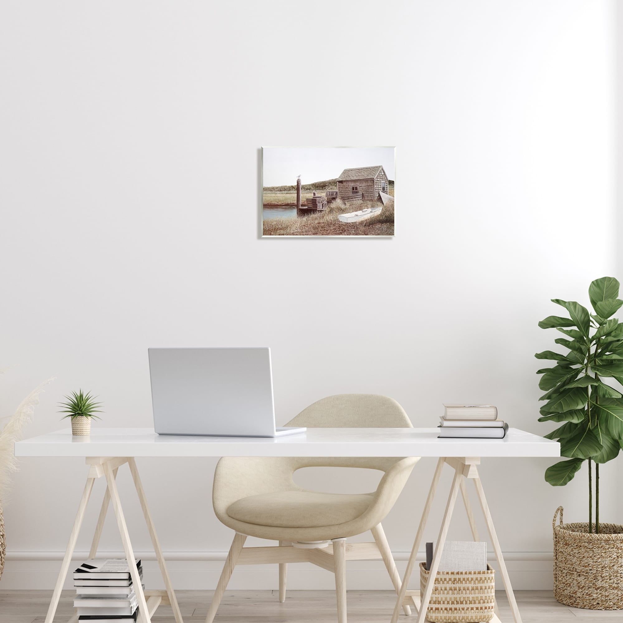 Stupell Industries Rural Seaside Cabin Seagull Perched Canoe Boat Painting Unframed Art Print Wall Art, Design by Tom Mielko