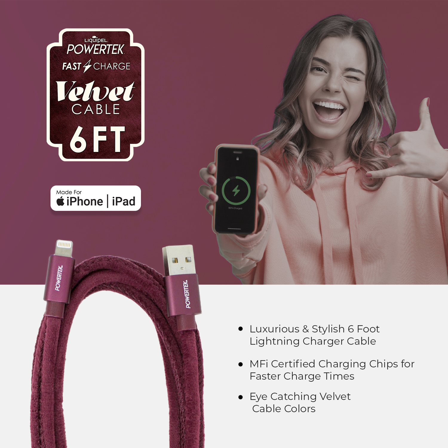 Liquipel Powertek Velvet Lightning Cable 6ft, MFi Certified photo 3