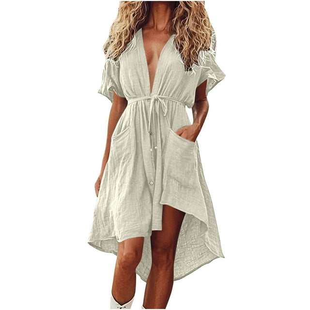 Liquidation d'Été 2025! Robe d'Été en Solde pour Femmes, Robes Courtes d'Été pour Femmes Manches Courtes Bloc de Couleur Ample Tendance Imitation Coton et Lin Mini Robe avec Bouton Poche