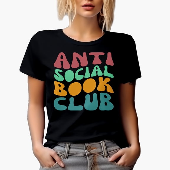 Anti Social Book Club, Group of Introvert Reading Enthusiasts, Groovy Retro Wavy Text Merch Gift, Black T-Shirt, Small