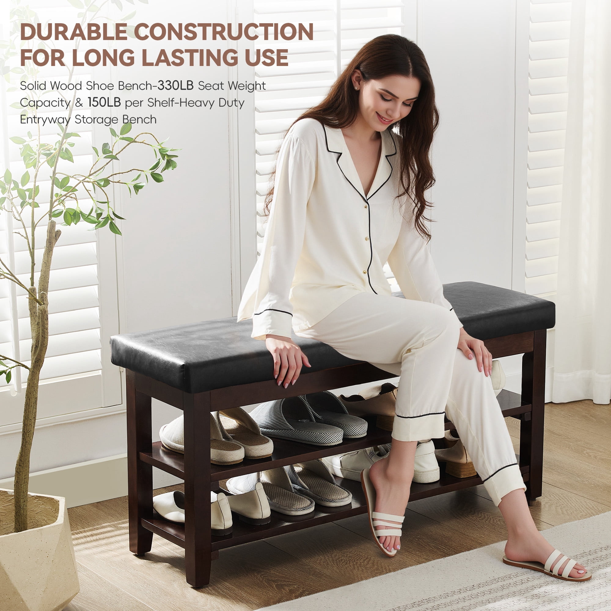 40" Shoe Bench with Leather Cushion, 2-Tier Shoe Rack Entryway Bench, Wood Bench for Front Door Entrance, Mudroom, Hallway, Wooden Shoe Shelves, Shoe Organizer, Shoe Storage, Black