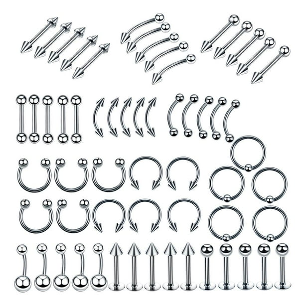 Kit de 60 piercings corporales de 16/14 g para lengua, trago, oreja, ceja, pezón, labio y nariz. 6mm