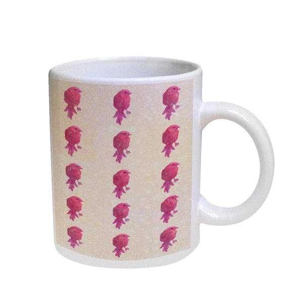 KuzmarK Coffee Cup Mug Pearl Iridescent White - Birds Pink Painting