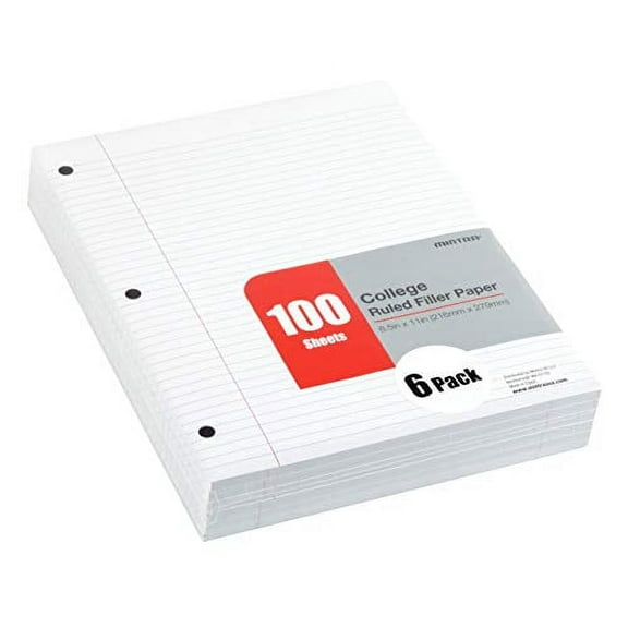 Filler Paper 600 Sheets (6pks of 100) - College Ruled (8.5in x 11in) - 3 Hole Punched for Ring Binders