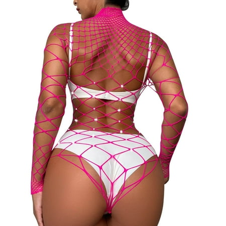 

JDEFEG Lingerie for Women Bunny Lingerie Ladies Sparkly Lace Collar Underwear Long Sleeve Mesh Body Suit Glow in The Dark Lingerie Womens Lingerie Nylon Spandex Hot Pink