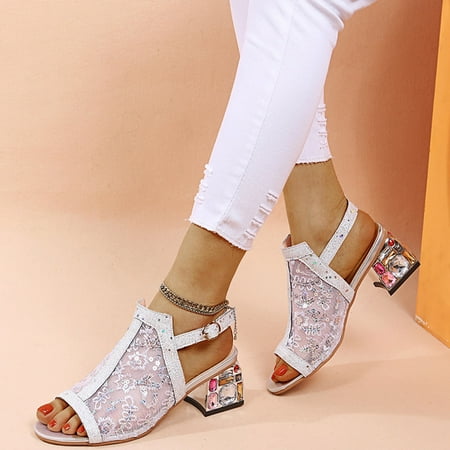 

YOTAMI Women s High Heel Sandals Peep Toe Color Crystal Casual Bohemian style Shoes Silver 7