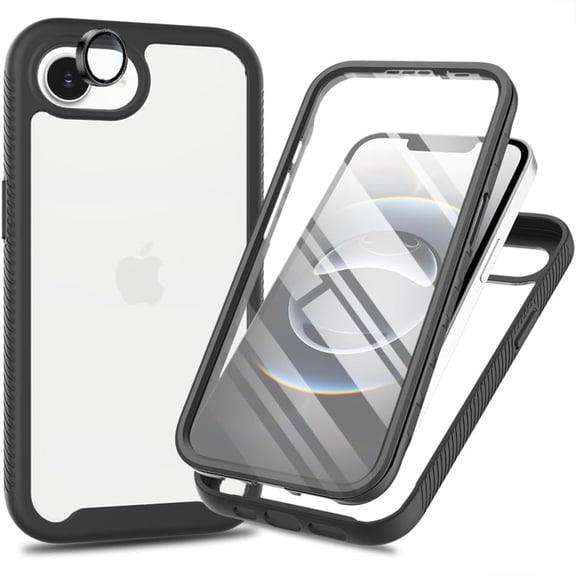 Dteck for iPhone 17e Case with Built-in Screen Protector and Camera Lens Cover, Full Body Protection Shockproof Rugged Bumper with Clear Back,Black