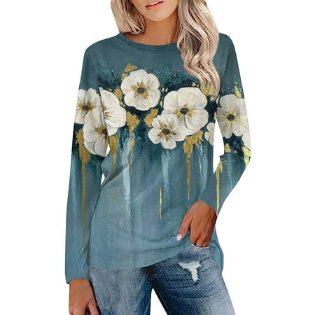 

Umitay underscrub long sleeve women Women s Fashion Loose Floral Print Long Sleeve Round Neck T-Shirt Top