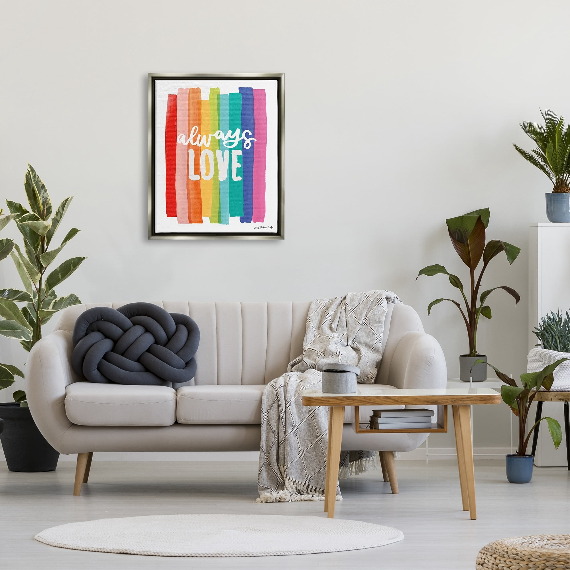 Stupell Industries Always Love Rainbow Striped Brushstrokes Calligraphy Graphic Art Luster Gray Floating Framed Canvas Print Wall Art, Design by Cecily Moore