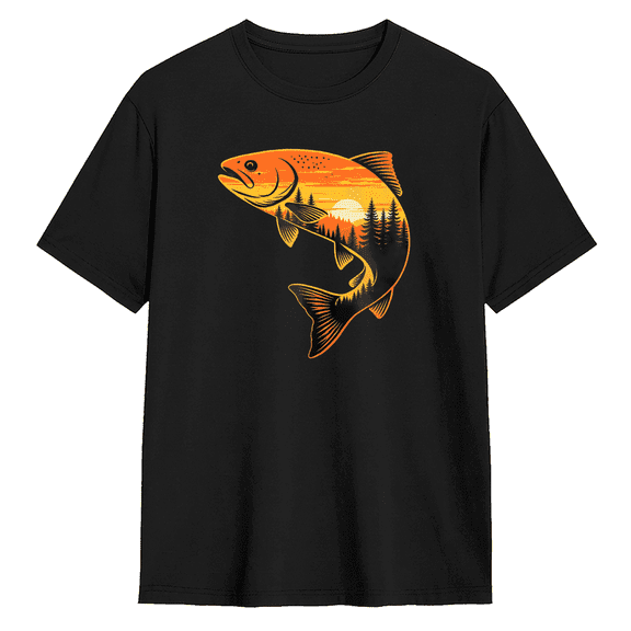 Retro Sunset Jumping Salmon Fish Graphic Tee for Men and Women Vintage Fisherman Hiking Cotton Short Sleeve T Shirt
