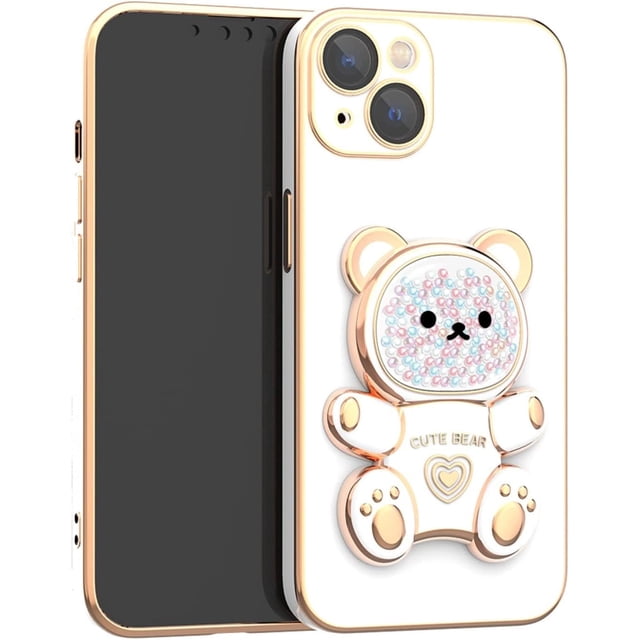 Funda para iPhone 12 con soporte oculto de oso, suave TPU, a prueba de golpes, con soporte de oso 3D y protección para cámara, para mujeres y niñas, color blanco