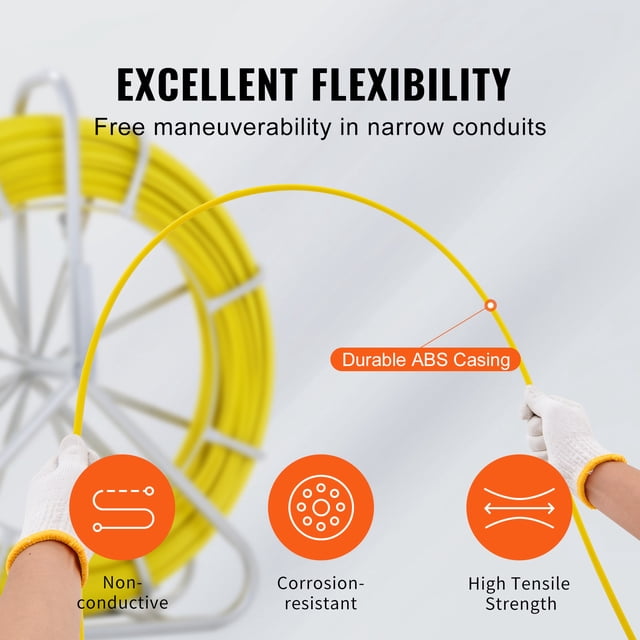 Cinta pasacables de fibra de vidrio VEVOR 425 pies 1/4 pulgadas extractor de cables con soporte de acero 3 cabezales