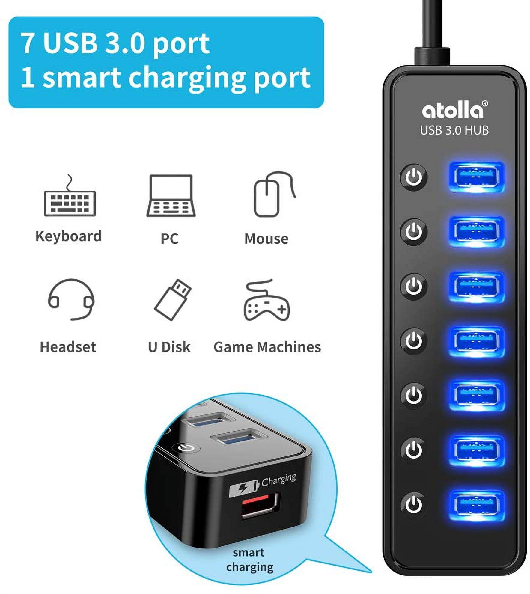 Powered USB Hub 3.0, 7-Port Data Splitter with One Smart Charging Port and Individual On/Off Switches 5V/4A Power Adapter Extension for MacBook, Mac Pro/Mini More.