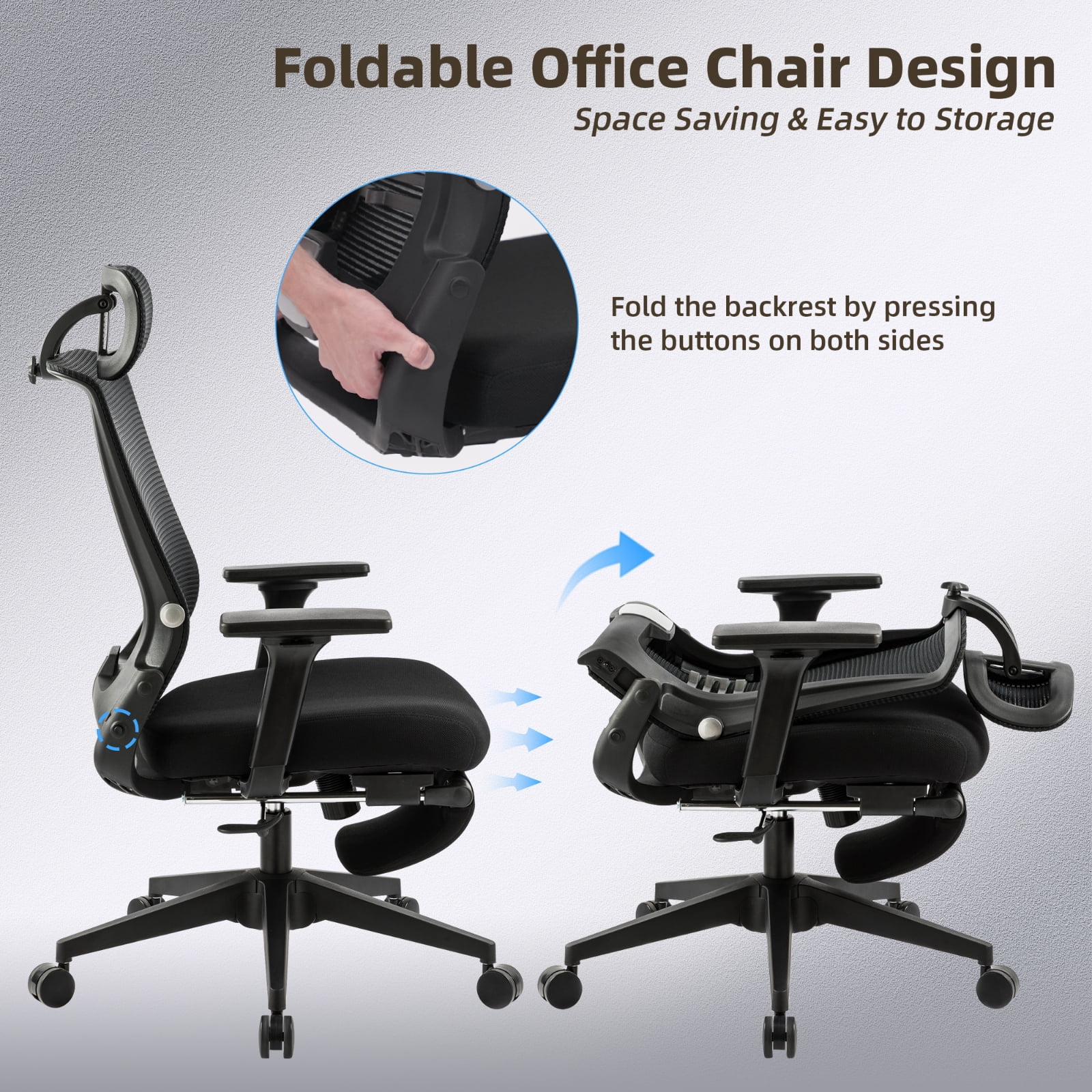 Hforesty Black Foldable Office Chair with Footrest – Ergonomic Mesh Computer Chair, Lumbar Support, Swivel Tilt, 300lbs