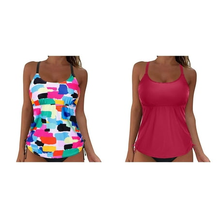 (2-Packs)Women Lace Up Swimwear athletic Bathing Suits for Women Tops Underwire Full Coverage athletic Swimsuits with Shorts Bikini Top Push Up Swim Crop Top Tie Back Bathing Suit Tops