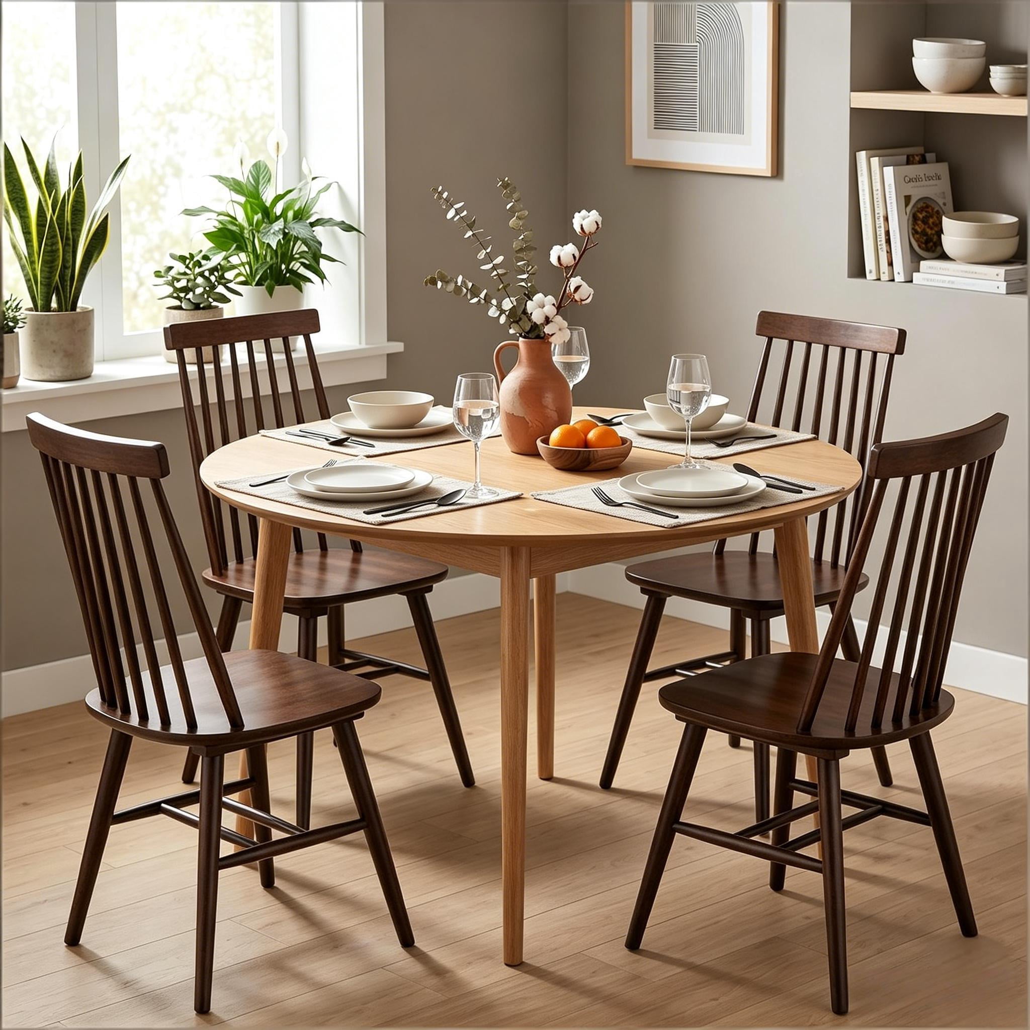 Windsor Dining Chairs Set of 4, Solid Wood Back Kitchen Chairs, Classic Farmhouse Dining Room Chairs for Kitchen, Dining Room, Living Room（Walnut）