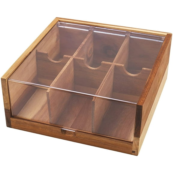 Acacia Wood Tea Bag Holder, Tea Bag Storage Box 6 Compartment with Acrylic Lid