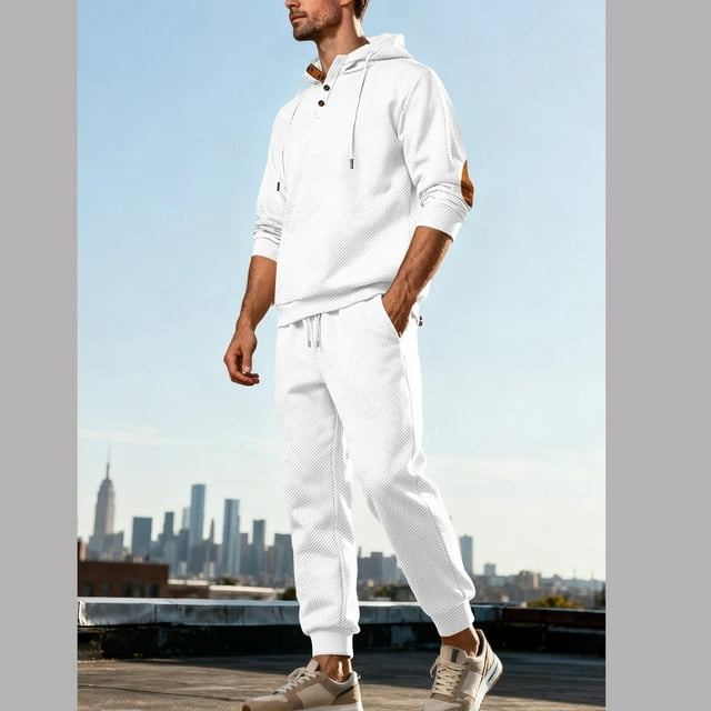 Men's Casual Solid Color Tracksuit Long Sleeve Hooded Button Front Top Drawstring Elastic Waist Pants Outwear Jackets Sets