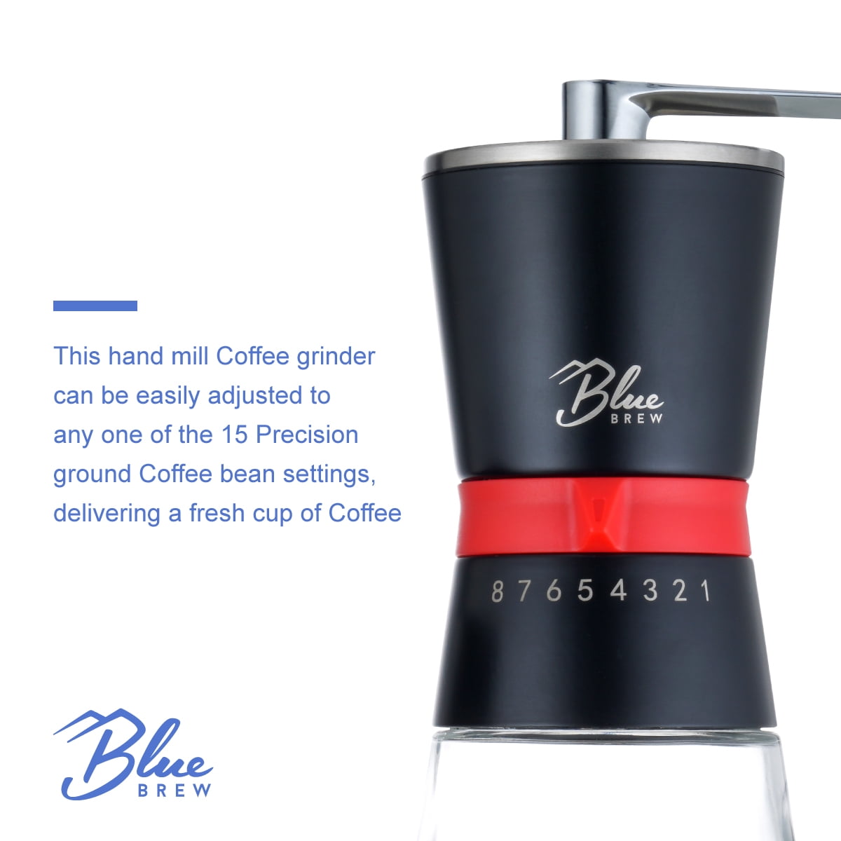 BLUE BREW Coffee Grinder with Conical Ceramic Burrs, Manual, with 2 Airtight Glass Jars, Adjustable Grinding Size Stainless Steel Hand Coffee Mill/Espresso Bean Grinder, BB1007