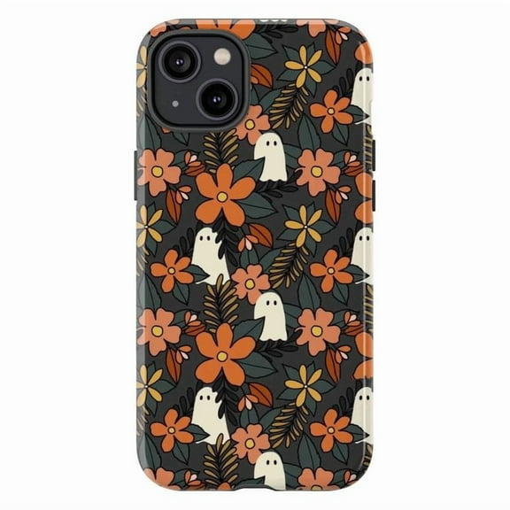 Cute Ghost and Autumn Floral Halloween Phone Case for iPhone 14 13 12 Pro Max Mini – Spooky Fall Vibes