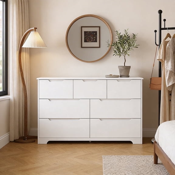 48" Large Dresser for Bedroom, 7-Drawer Dresser with Handle-Free Design - Solid Wood Storage Chest for Bedroom & Living Room - White