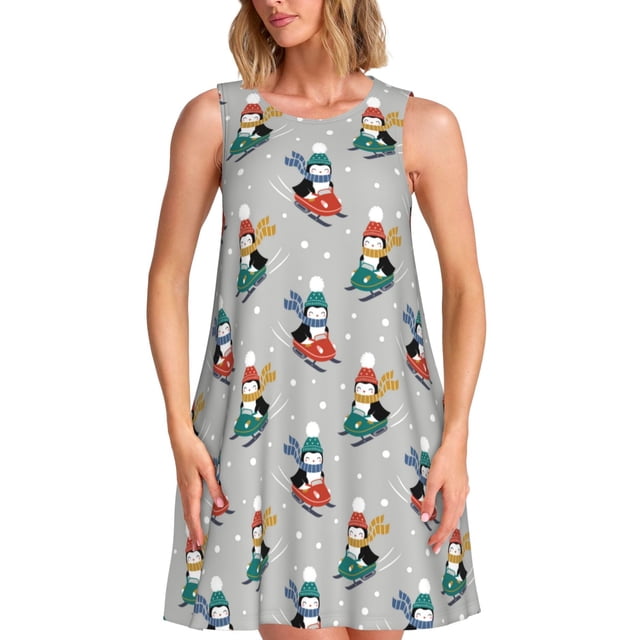 Easygdp Skiing penguin para Vestido Transpirable de Mujer, Vestido Suelto de Manga Corta con Pliegues y Bolsillos para el Verano