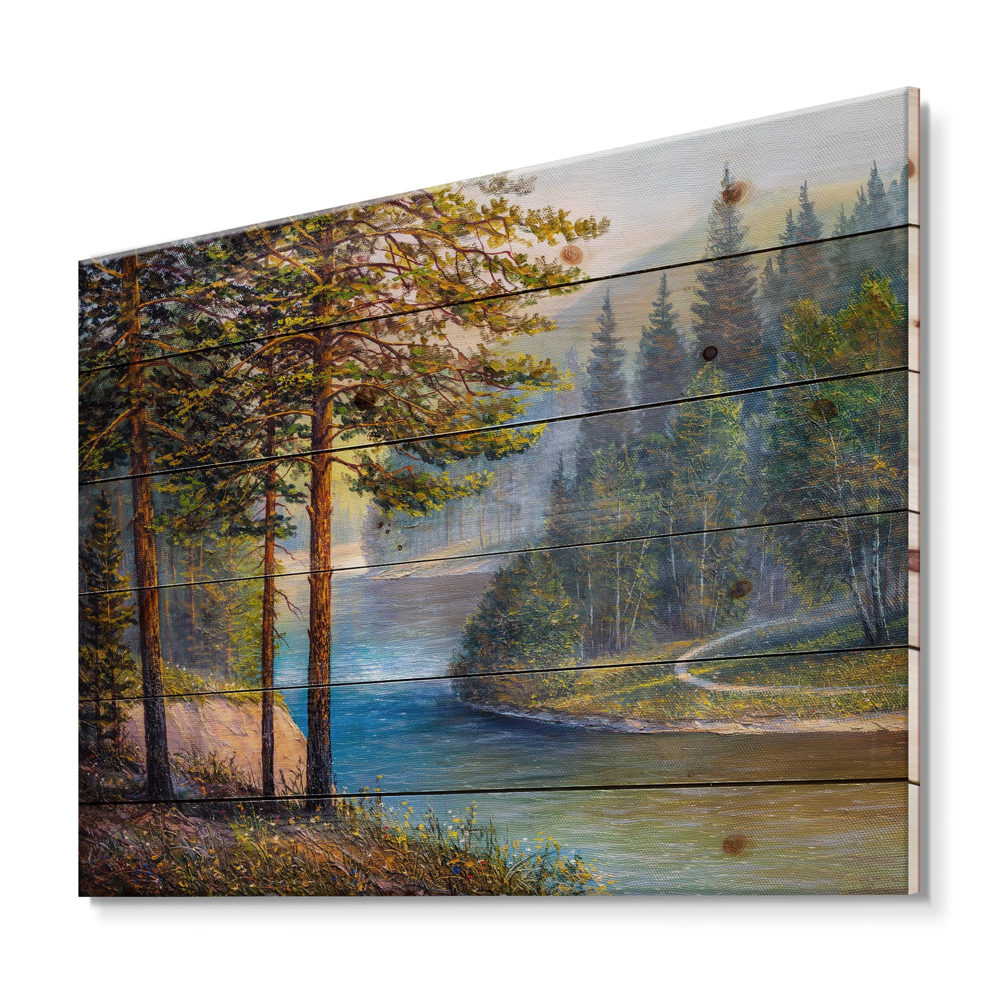 Designart 'Sunrise Glow Through The Pine & Fir Forest' Lake House Print on Natural Pine Wood