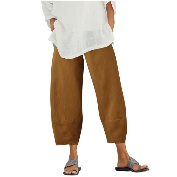 lcziwo 2024 Cotton Linen Casual Summer Capri Pants Solid Color Cropped Comfy Baggy Trousers with Pockets Drawstring Palazzo Lounge Pants,Brown,XL