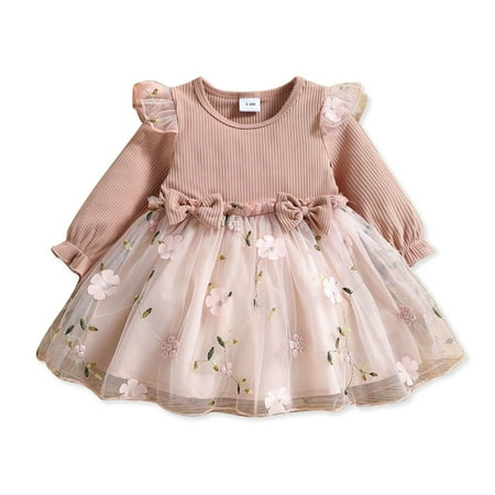 

PatPat Baby Girl Pink Mesh Dress Set Ribbed Long Sleeve Splicing Floral Appliques Princess Dress Pageant Party Birthday Wedding Flower Girl Dress 0-3T