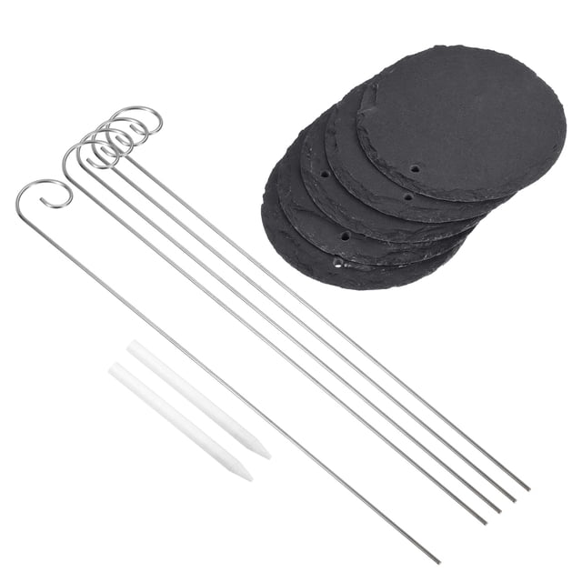 Unique Bargains Slate Round Shape Plant Labels with Stainless Steel Hanging Rod Pen 5 Pack