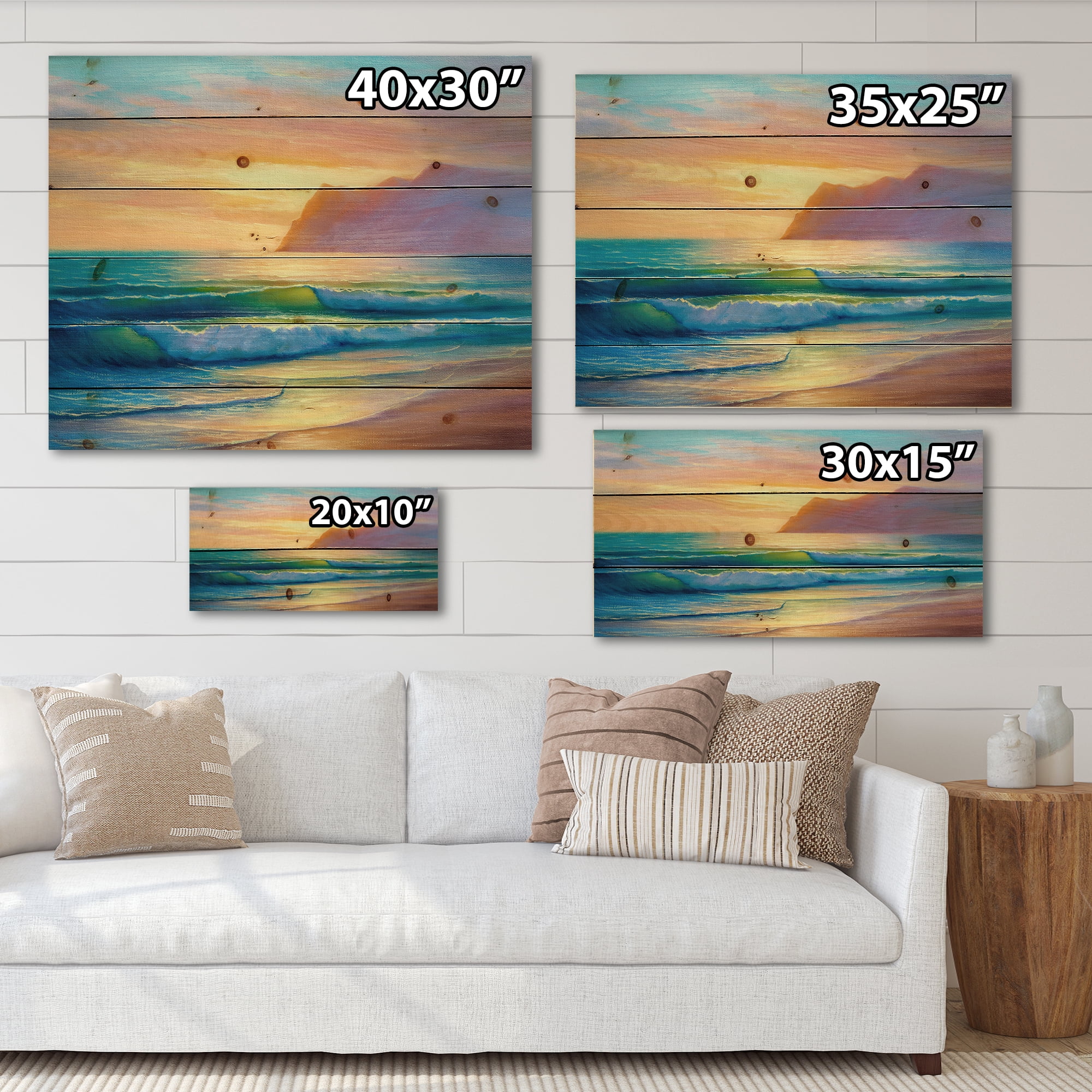 Designart 'Sunrise Glow On The Sea Waves IV' Nautical & Coastal Print on Natural Pine Wood
