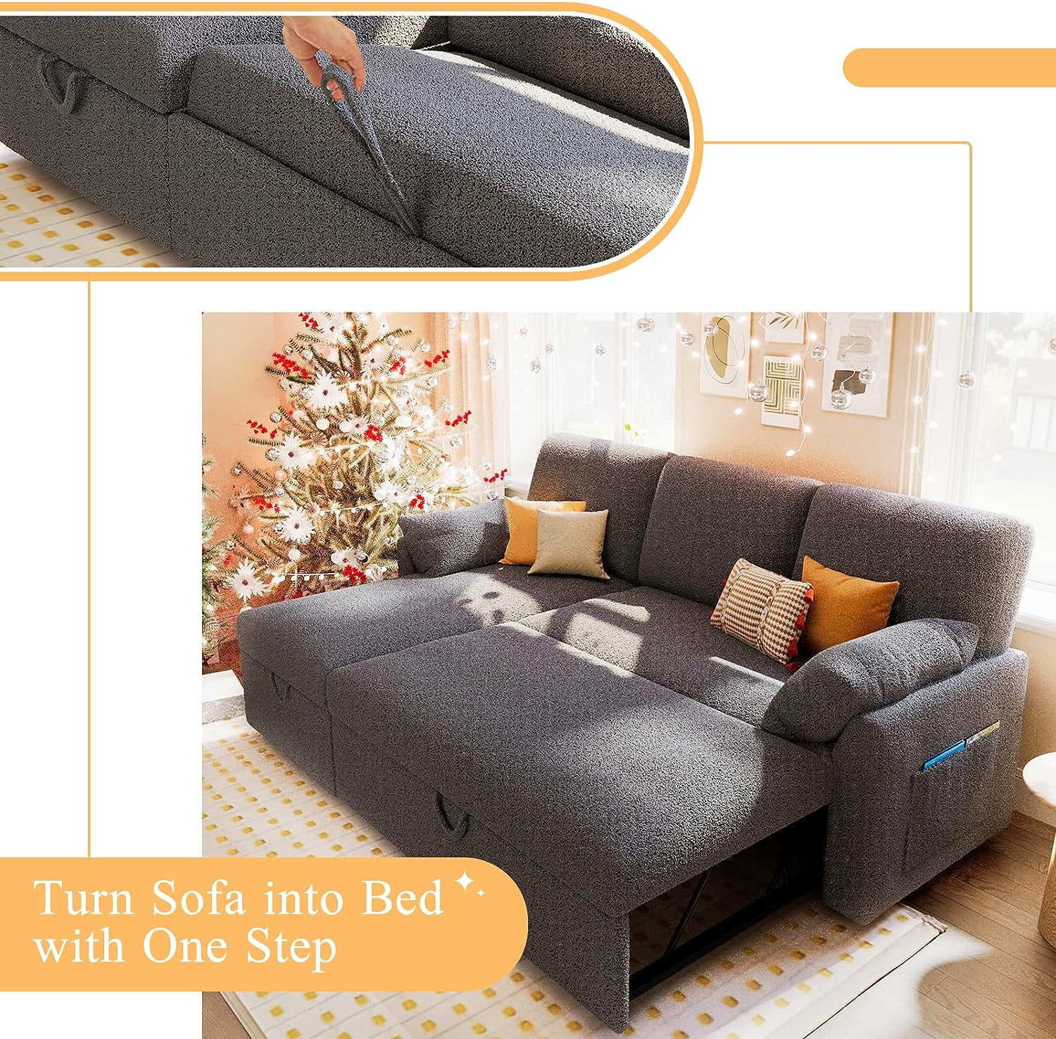 Papajet Pull Out Couch, Sleeper Sofa with Storage Chaise, L Shape Couch for Bedroom- Grey Sherpa