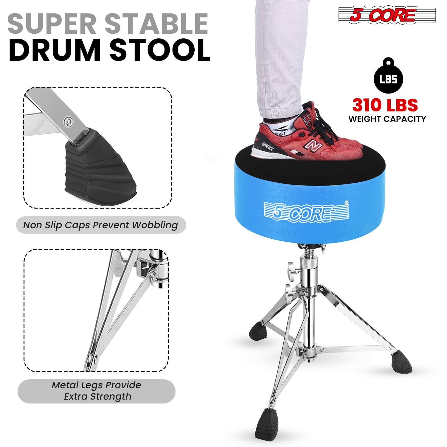 5 Core Drum Throne 5" Padded Guitar Stool Adjustable 310lbs Capacity Heavy Duty Seat w Velvet Top