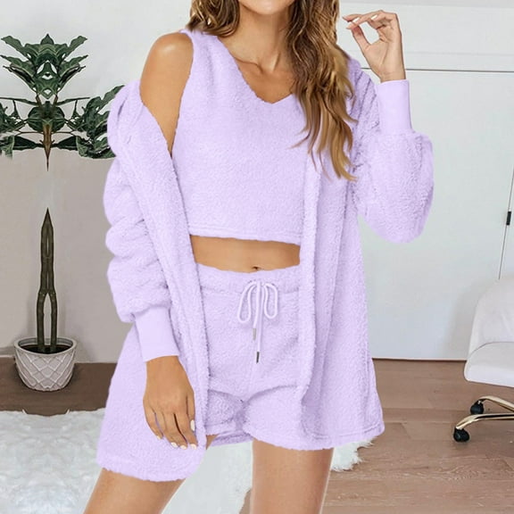 Wancir Women Fuzzy 3 Piece Outfit Pajamas, Hooded Cardigan Outwear Sleeveless Crop Tops Shorts Nightwear Set (S-3XL)