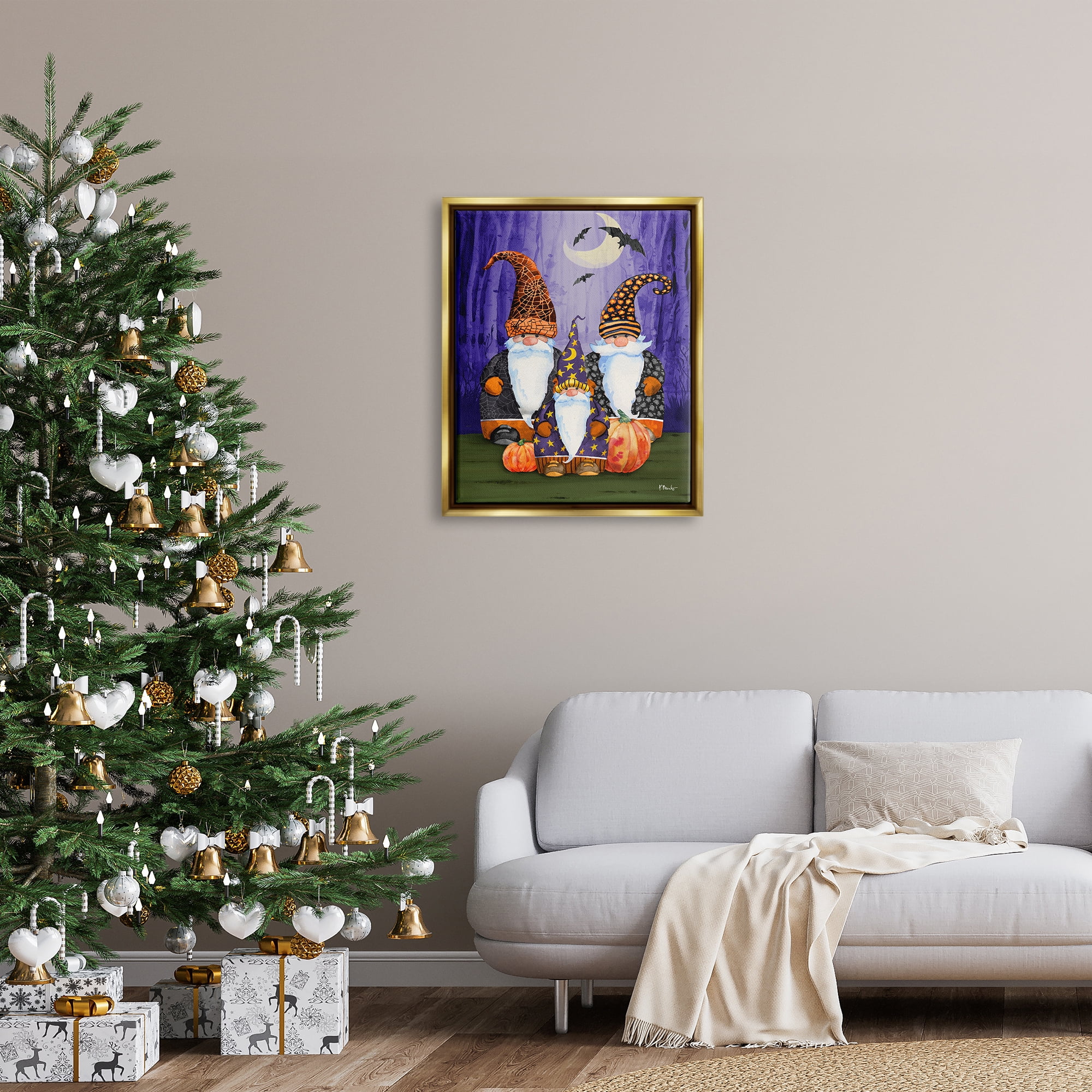 Stupell Industries Three Halloween Gnomes Holiday Painting Gold Floater Framed Art Print Wall Art, 25 x 31