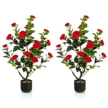 Gymax 2-Pack 38'' Artificial Camellia Tree Faux Floral Plant for Decoration Red