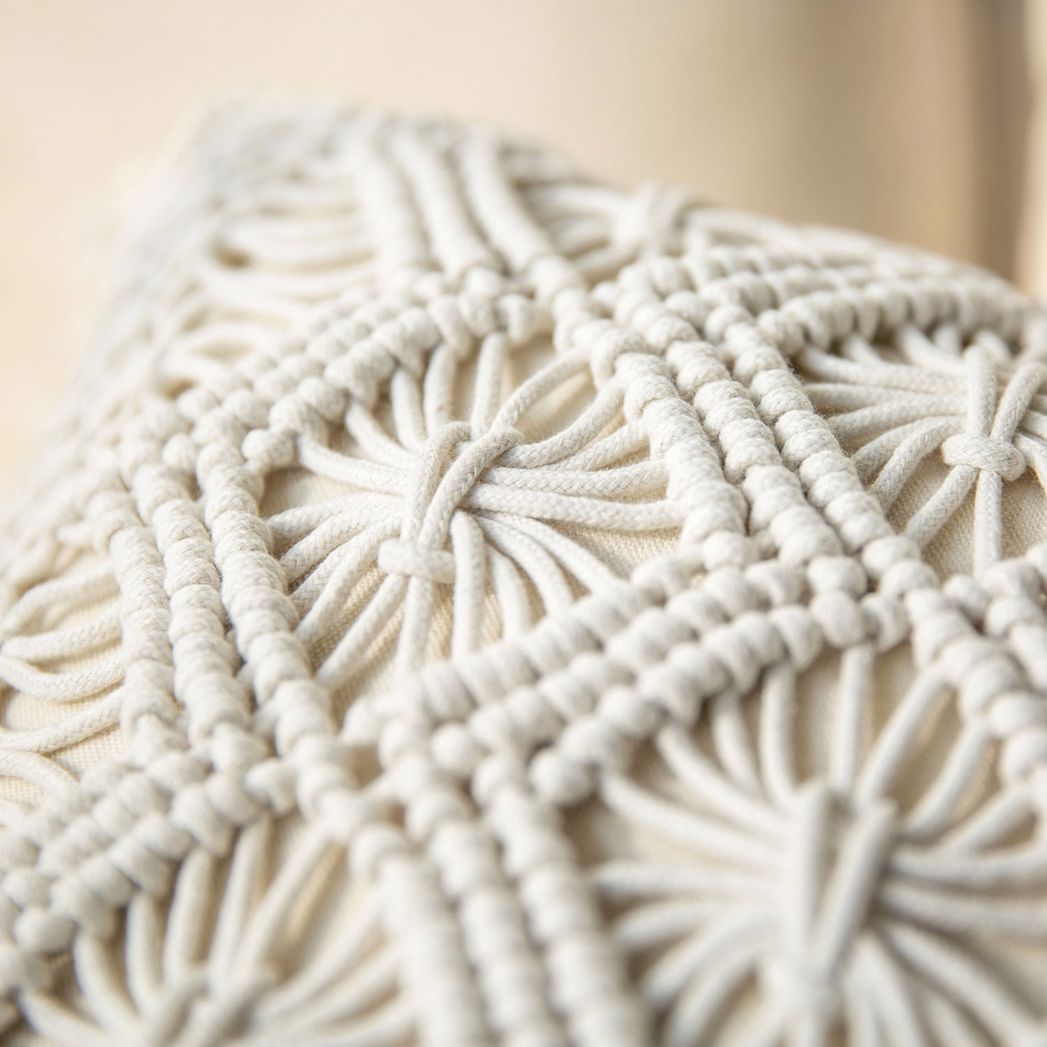 Phantoscope 100% Cotton Handmade Crochet with Tassels Boho Series Woven Checked Throw Pillow, 18" x 18", Off White, 1 Pack