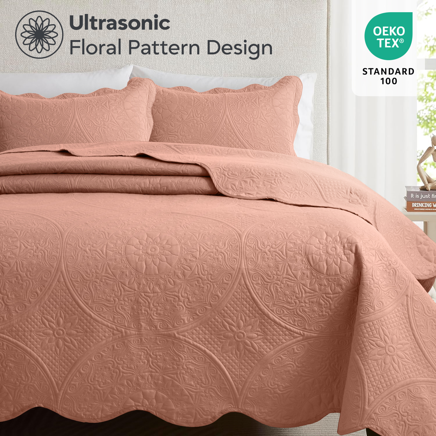 Ameha 3 Piece Reversible Quilt Set Ultra Soft Floral Coverlet Microfiber Bedding Set Queen Peach All Season