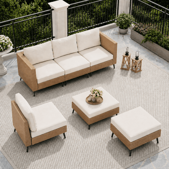 LAUSAINT HOME 6 Pieces Outdoor Furniture Set, Patio Rattan Wicker Sectionals with 4 Chairs and 2 Ottomans, Beige Cushions