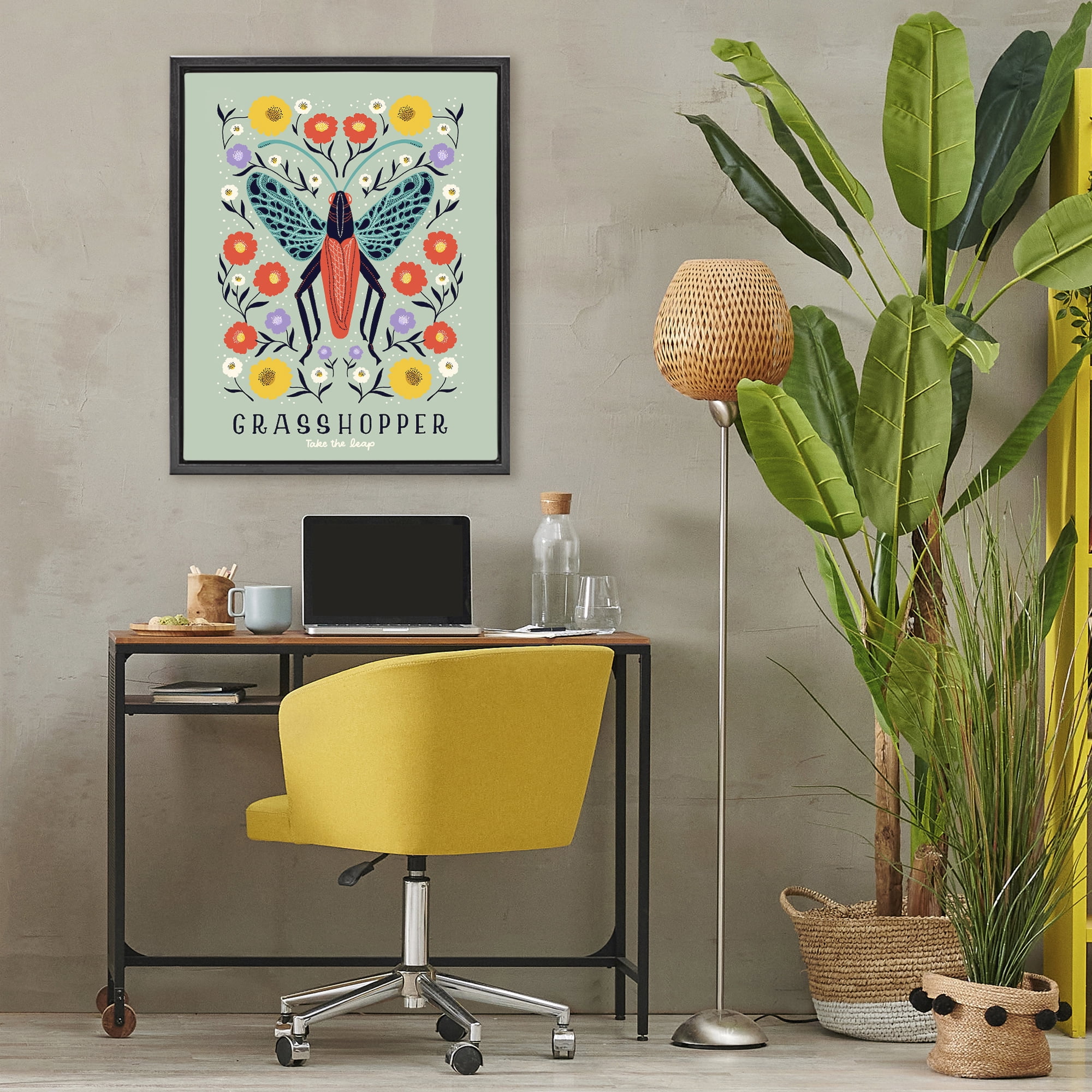 Stupell Industries Symmetrical Grasshopper with Blooms Black Framed Floater Canvas Wall Art, design by Indira Prieto | IndySign