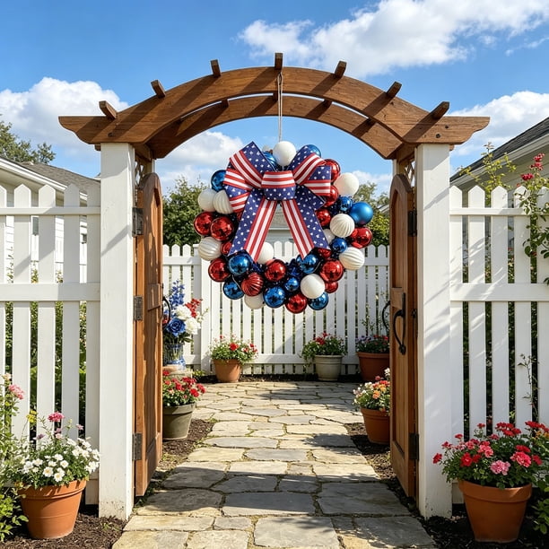 Corona patriótica para puerta principal con estrellas rojas, blancas y azules | Decoración para puerta del 4 de julio, Día de los Caídos y Día de los Veteranos